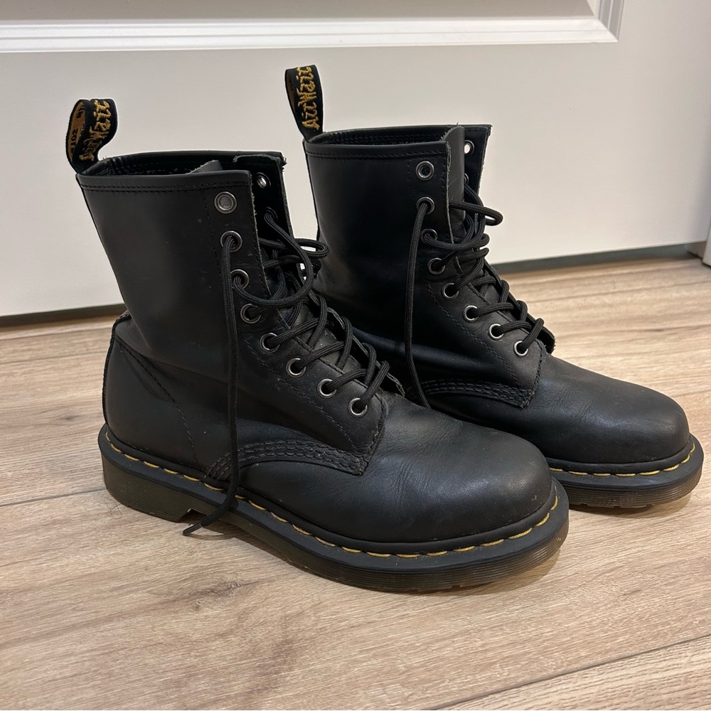 Dr. Martens Black Leather Boots with Yellow Stitching